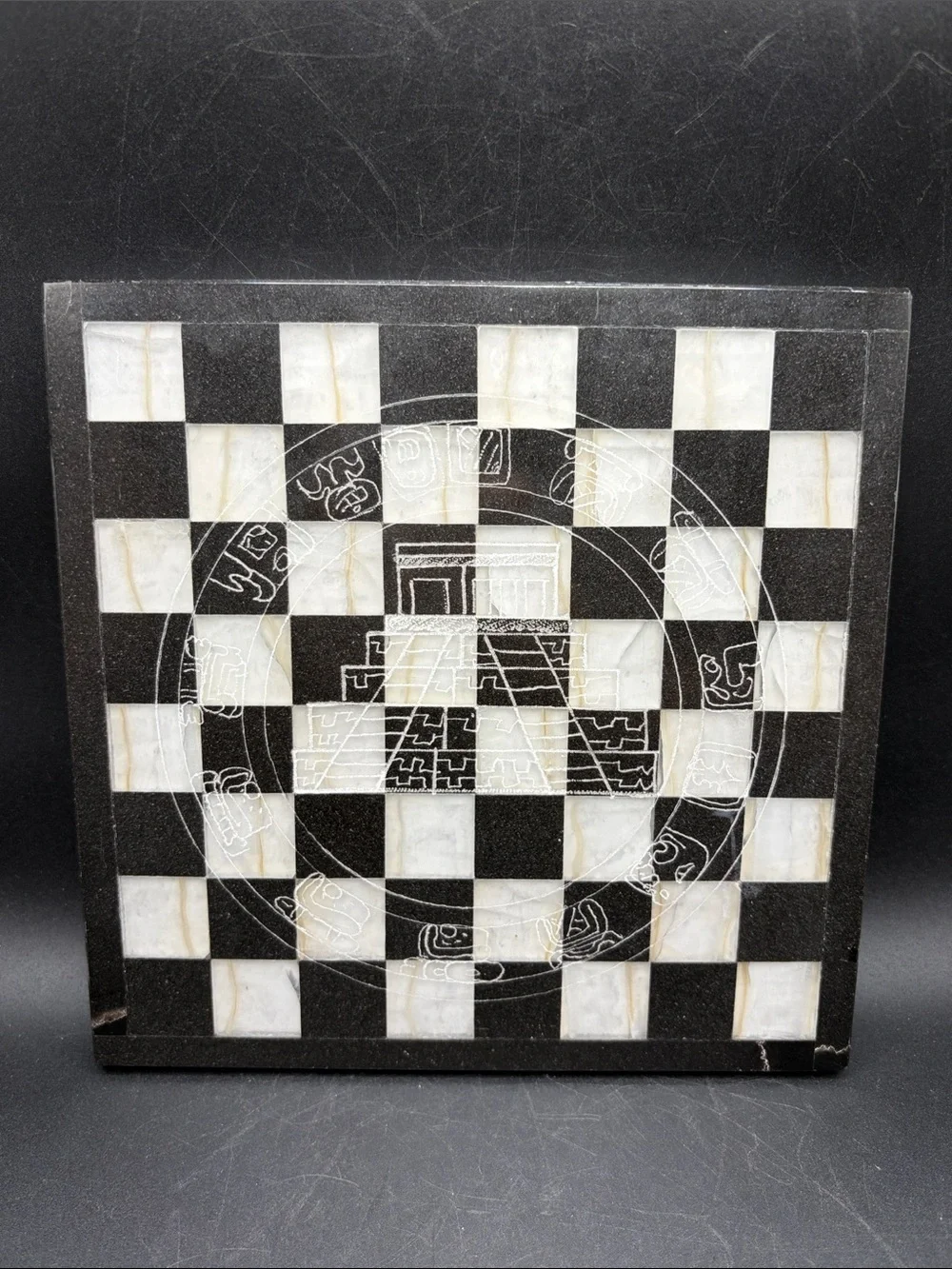 Black & White Stone Etched Mayan Pyramid Motif Chessboard Game Board Home Decor